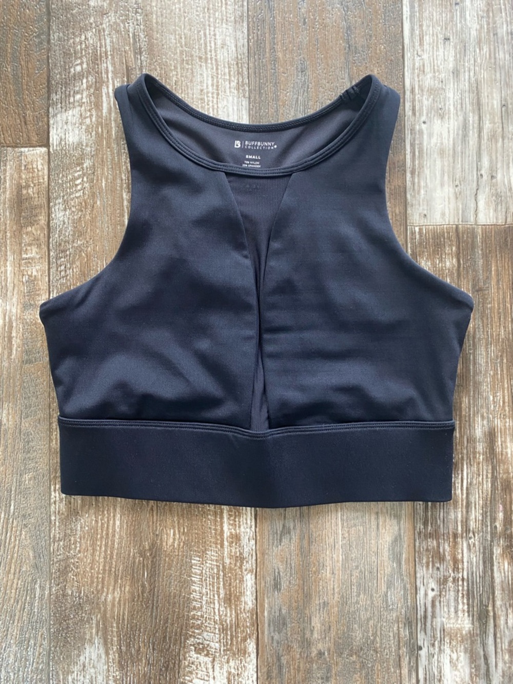 BuffBunny Black High-Neck Performance Crop- Airbrush Impact Sports bra